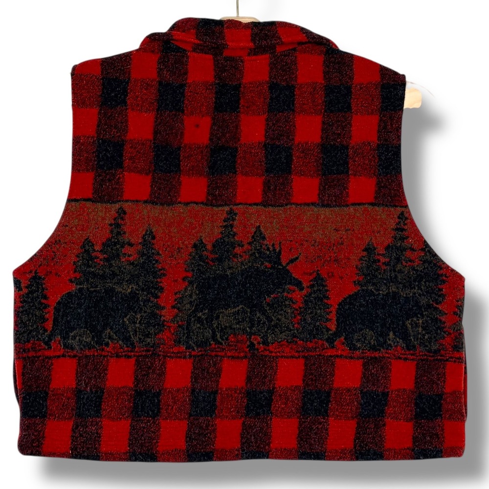 Vtg Black Mountain Red Buffalo Plaid Moose Bear Forest Scene Vest 2X USA Made‎ - Picture 2 of 5